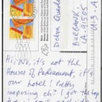 PC#74 BACK BERN - Mailed xx/xx/xxxx - Hi, No it's not the Houses of Parliament, it's out hotel! Pretty imposing eh? I got the top two windows each side of the flagpole. See ya Love Lem xxxx PC74-BACK-BERN